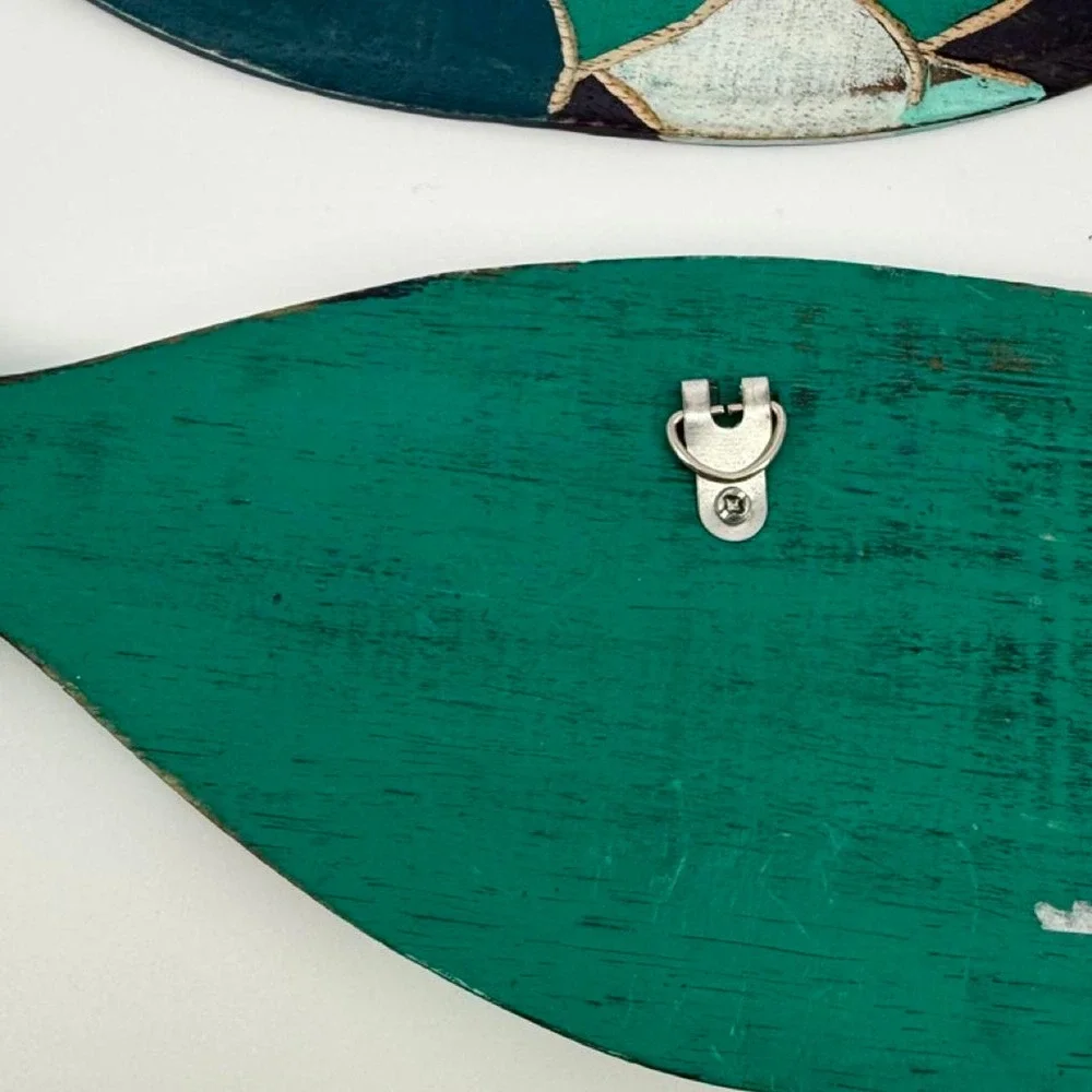 Wooden Fish Wall Art Set Teal Green Black White Scale Pattern Coastal Decor